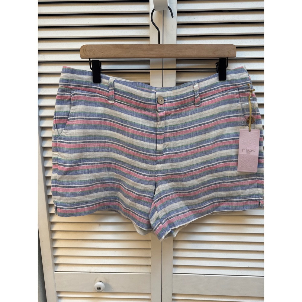 St. Tropez West Womens 100% Linen Striped Shorts Multi Color Size 10 NWT